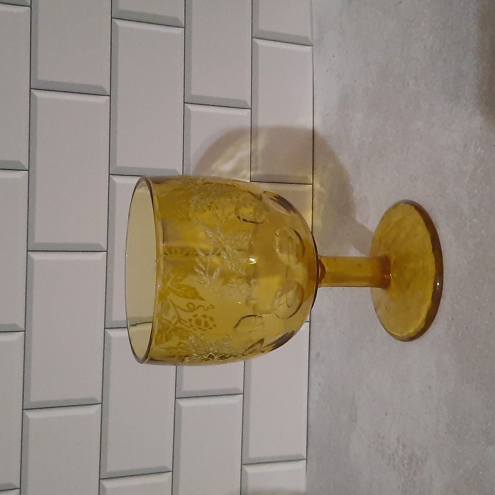 Vintage Bartlett Collins Amber Thumbprint Goblet Etched with Grapes and Vine